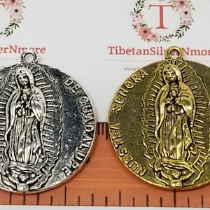 2 pcs per pack 30mm Nuestra Senora De Guadalupe Solids Medallion with Flower and Cross in the other side Antique Silver lead free Pewter.