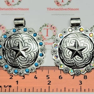 2 pcs per pack 41mm Western Star Medallion AB Rhinestone or Turquoise Pendant with Tube Bail Antique Silver Finish Lead Free Pewter