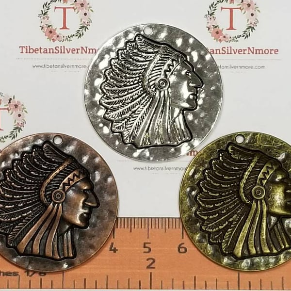 2 pcs per pack 40mm one side Native American Chief Head Hammered coin Charm in color to choose Finish Lead Free Pewter
