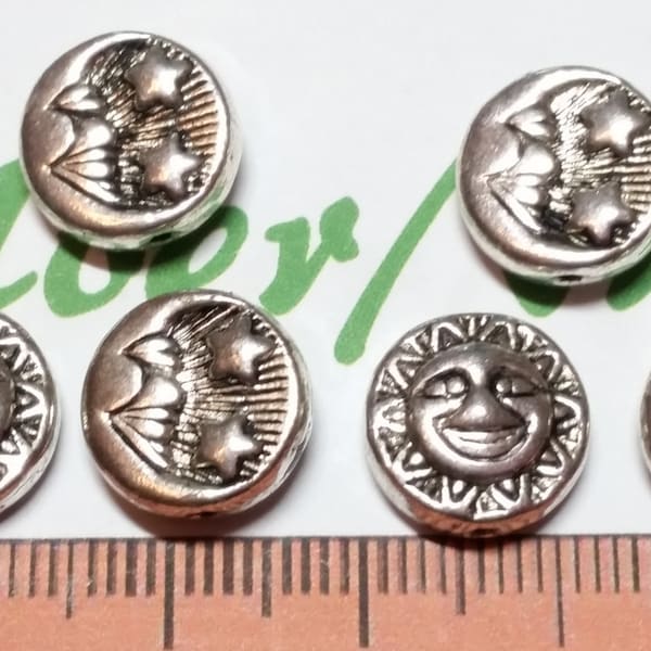 6 pcs per pack 12mm Reversible solids Crescent Moon, Stars and Sun with face Coin Beads in Antique Silver