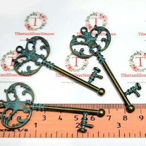 4 pcs per pack 68x29mm Skeleton Key Charm Patina Bronze Finish Lead Free Pewter