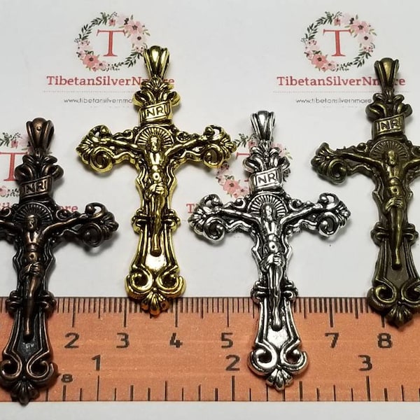 4 pcs per pack 59x32mm Medium Large Crucifix with Bail in Antique Silver, Bronze, Gold or Copper Lead Free Pewter