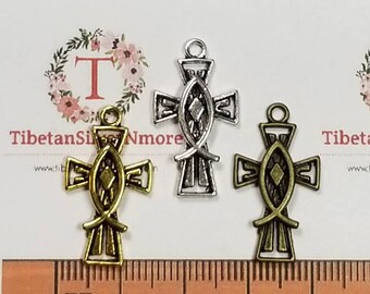 20 pcs per pack 22x14mm Fish cut out Cross Charm Antique Silver, Gold or Bronze Finish Lead Free Pewter