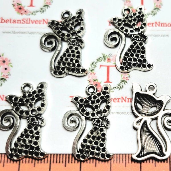 8 pcs per pack 26x16mm Full Figure Cat Charm Antique Silver Finish Lead Free Pewter