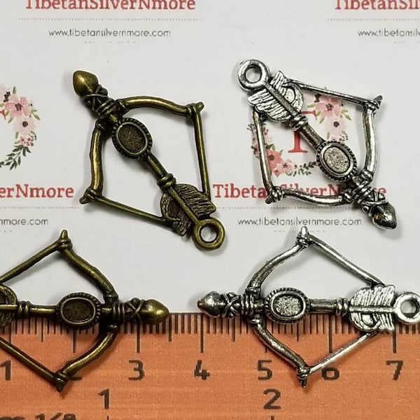 12 pcs per pack 36x25mm Bow and Arrow Filler Charms Antique Bronze or Silver Lead free Pewter.