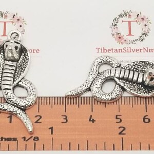 Pode incluir: Dois pingentes de cobra prateados, um com um corpo enrolado e o outro com uma cabeça de cobra levantada, são mostrados em uma régua. A régua mede em polegadas e centímetros.