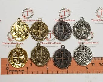 4 pcs per pack 28mm Reversible Spanish Colonial Coin Charm in color to choose Lead free Pewter