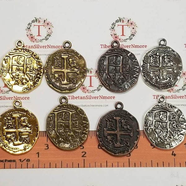 4 pcs per pack 28mm Reversible Spanish Colonial Coin Charm in color to choose Lead free Pewter