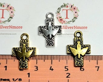 10 pcs per pack 24x16mm Cross with Descending Dove Charm Antique Silver, Gold or Bronze Lead free Pewter