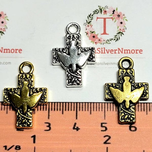 10 pcs per pack 24x16mm Cross with Descending Dove Charm Antique Silver, Gold or Bronze Lead free Pewter