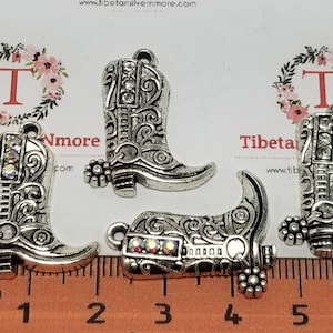 6 pcs a pack 24x14mm One side Clear Rhinestone Cowboy Boot Charm Antique Silver Finish Lead Free Pewter