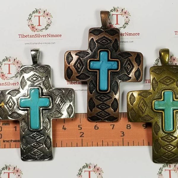 1 pc per pack 70x49mm Textures print Cross Pendant with Turquoise color to choose Lead Free Pewter