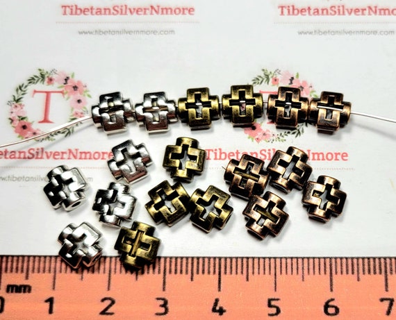 30 pcs per pack 8mm 3mm thickness 1.5mm hole Reversible Cutout square Cross Bead in Silver, Bronze or Copper tone Lead free Pewter
