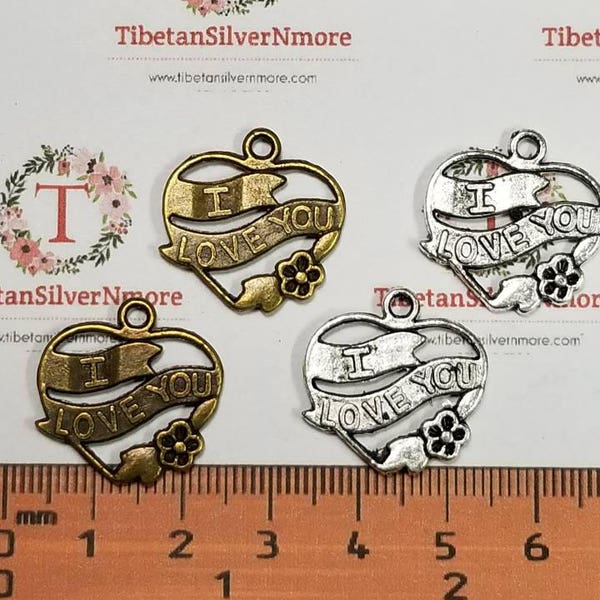 14 pcs per pack 20mm one side Ribbon Heart printed I Love You Charms Antique Silver or Bronze lead free Pewter.