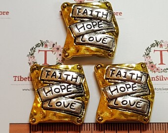 3 pcs per pack 21x22mm Two tone double strands Faith Hope Love spacer Lead free Pewter