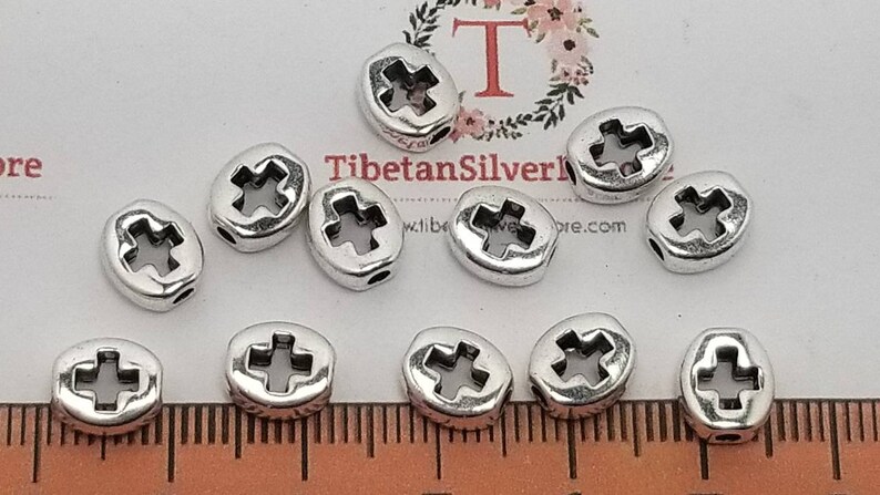 30 pcs per pack 8x7mm 3mm thickness Reversible Cutout Oval Cross Bead in Silver tone Lead free Pewter image 3