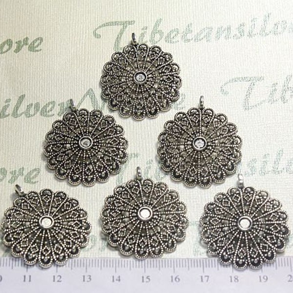 6 pcs per pack 30mm Filigree Flat Round Pendant Antique Silver Lead Free Pewter