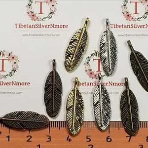 12 pcs per pack 28x8mm Feather Charm color to choose Finish Lead Free Pewter