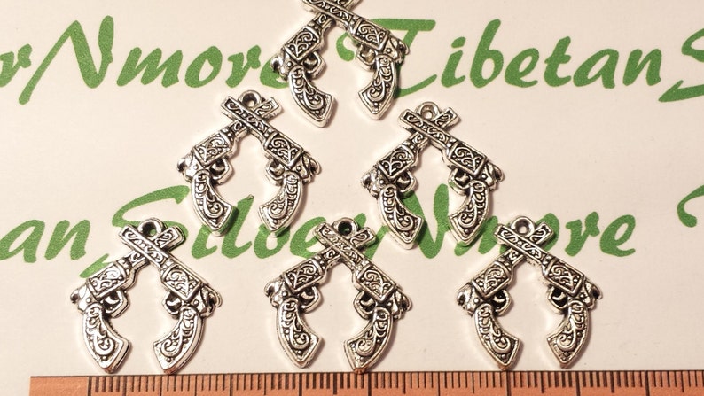 12 pcs per pack 23x22mm Crossed Gun Charms Antique Silver Lead free Pewter. image 2