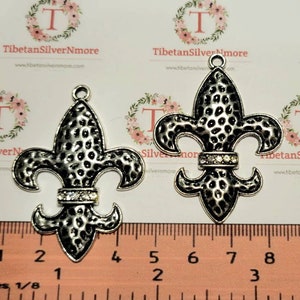 2 pcs per pack 34x48mm Large Fleur De Lis with Clear Rhinestones Pendant Antique Silver Finish Lead Free Pewter image 1