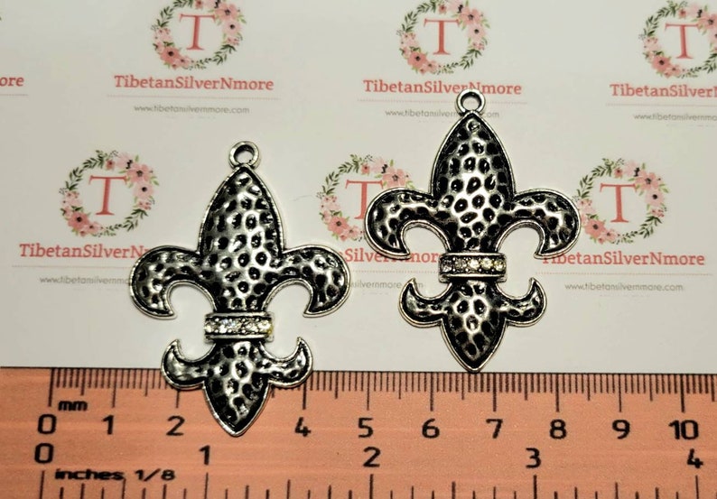 2 pcs per pack 34x48mm Large Fleur De Lis with Clear Rhinestones Pendant Antique Silver Finish Lead Free Pewter image 1