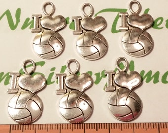 6 pcs per pack 30x16mm I heart Volleyball Flat Ball Charms Antique Silver Lead free Pewter.