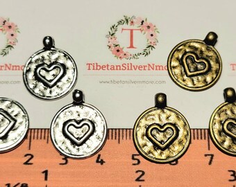 12 pcs per pack of 17mm Small Reversible Heart Coin Pendant Antique Silver or Bronze Lead free Pewter