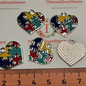 5 pcs per pack 25x22mm Enamel Colorful Puzzle Heart charm for Autism Awareness Silver Finish Lead Free Pewter