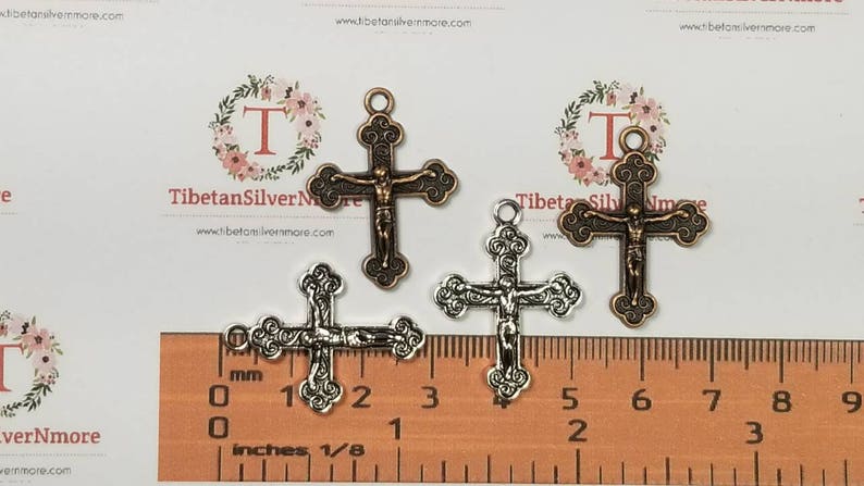 12 pcs per pack 28x21mm One side Crucifix Charm Antique Silver or Copper Finish Lead Free Pewter image 5