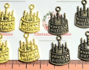 24 piezas por paquete de 18 mm Dije de pastel de cumpleaños que dice Feliz cumpleaños Bronce antiguo o Peltre sin plomo en tono dorado