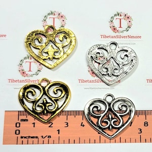 6 pcs per pack 34x30mm one side filigree Heart charm Antique Silver or Gold Lead free Pewter
