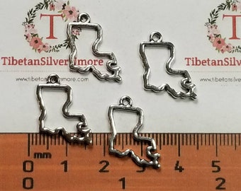 May include: Four silver metal charms shaped like the state of Louisiana. The charms are approximately 3.8 cm tall and have a loop at the top for attaching to a necklace or bracelet. The charms are on a white surface with a ruler for scale.