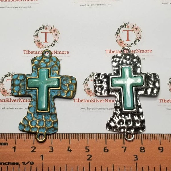 2 pcs per pack 55x37mm Hammered Cross Link with Turquoise Antique Silver or Bronze Patina Lead Free Pewter