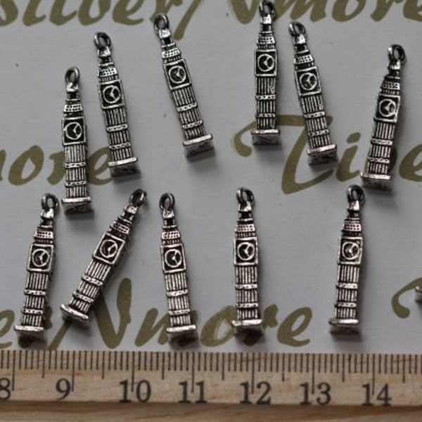 14 pcs per pack 25x4mm London Big Ben Clock Tower Charms Antique Silver Lead free Pewter.