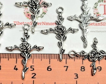 14 pcs per pack 34x23mm Small Rose Cross Charms Antique Silver Lead free Pewter