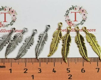 24 pieces a pack of 26x6mm small Feather Charm Antique Gold or Silver Finish Lead Free Pewter