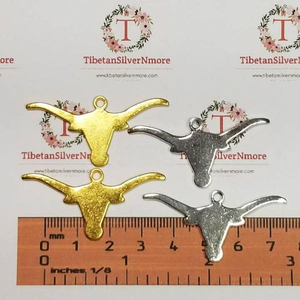 10 pcs per pack 45x20mm Flat Smooth Longhorn Head Antique Silver or Gold Lead free Pewter.