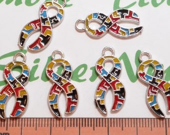 6 pcs per pack 25x12mm Enamel Colorful Puzzle Ribbon for Autism Awareness Charm Antique Silver Finish Lead Free Pewter