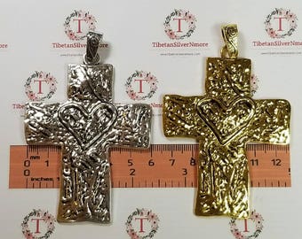 2 pcs per pack 98x60mm One side Hammered Cross Heart Pendant with Enhancer Bail Antique Silver or Antique Gold Lead Free Pewter