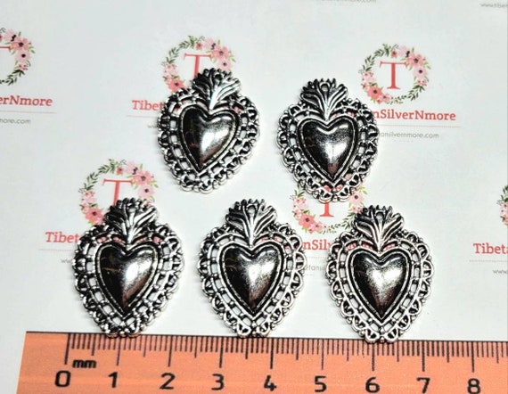 Sacred Heart Charms Antiqued Silver Color Milagro Flaming Heart