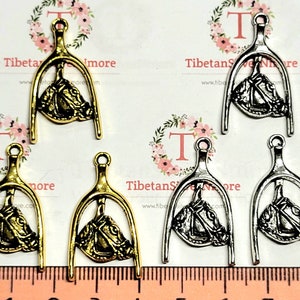 12 pcs per pack 31x12mm wishbone with Horse head Charms Antique Silver or Gold Finish Lead Free Pewter