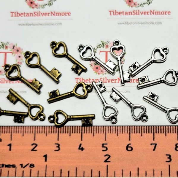 36 pcs 20x6mm Tiny Skeleton Key Charm Antique Silver or Bronze Finish Lead Free Pewter