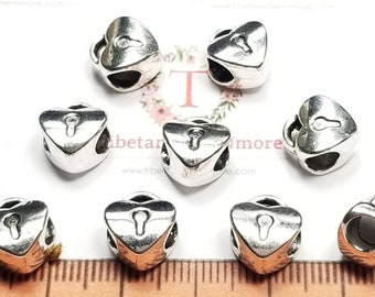 12 pcs per pack 10mm Heart Padlock 6mm diameter Large Hole European Charms Beads Silver tone Lead Free Pewter