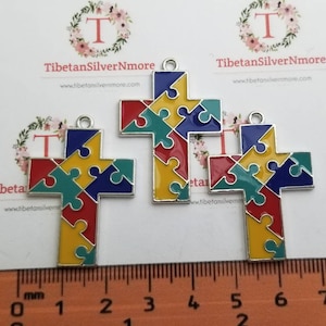 4 pcs per pack 36x25mm Enamel Colorful Puzzle Cross charm for Autism Awareness Antique Silver Finish Lead Free Pewter
