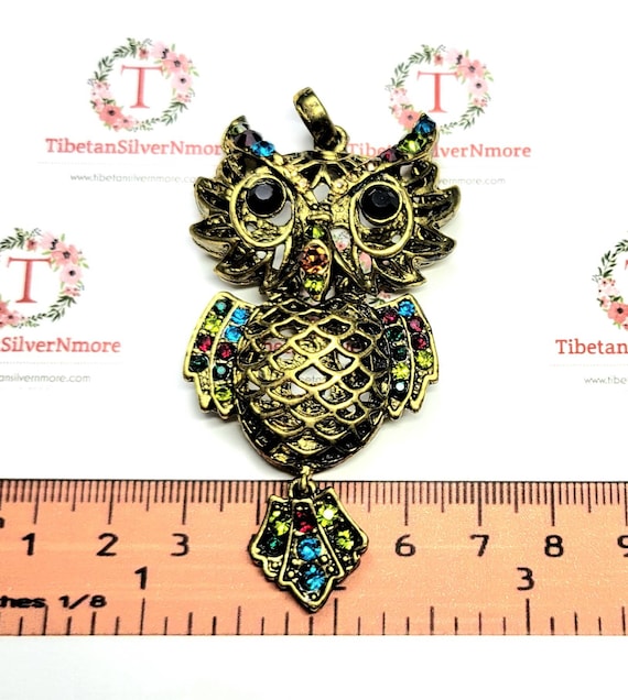 Collier Long Vintage Pendentif Chouette Multicolore - Perles Et Métal, Occasion