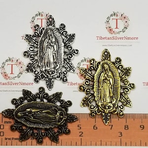 3 pcs per pack 48x35mm Large size Lady Guadalupe Pendant with leaves Antique Silver, Gold or Bronze lead free Pewter.