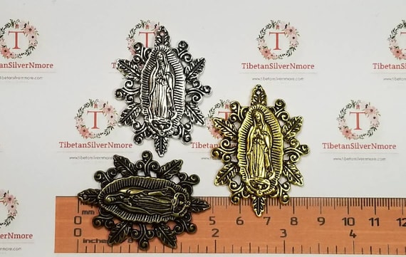 3 pcs per pack 48x35mm Large size Lady Guadalupe Pendant with leaves Antique Silver, Gold or Bronze lead free Pewter.