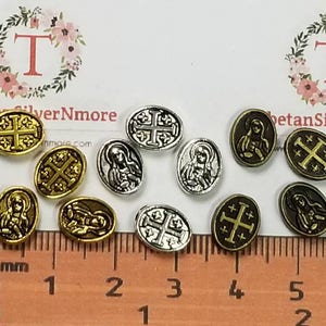 24 pcs per pack 9x6mm 3mm thickness Flat Oval Reversible Sacred Heart and Cross Beads color to choose Lead Free Pewter