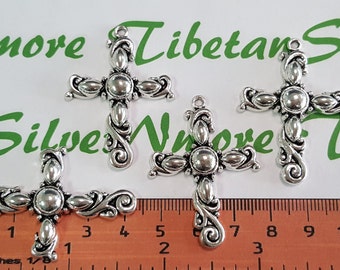 6 pcs per pack 43x31mm Decorated Cross Charm in Antique Silver Lead free Pewter