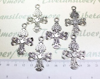 6 pcs per pack of 40x30mm Decorated Vine and Descending Dove on the Cross Charm Antique Silver or Gold Finish Lead Free Pewter